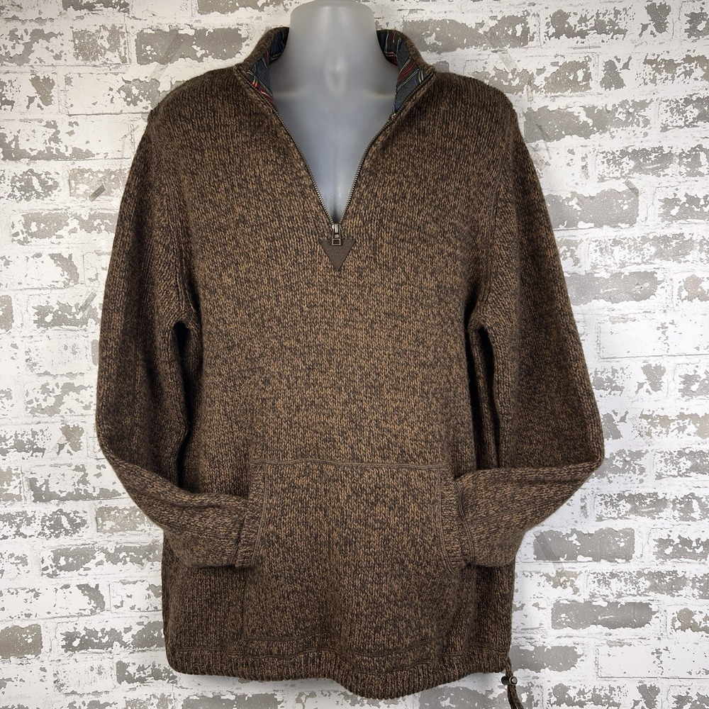 LL Bean Lambs Wool Sweater XL Tall Brown Ragg Fisherman Chunky Kangaroo Pocket